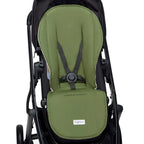 Organic pram liner attached to stroller harness adding comfort, protection and easy clean surface for everyday outings