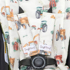 Diggers and Tractors pram strap covers attached to stroller harness adding soft padding and protection for baby