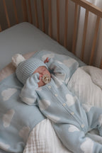 Blue cloud knit baby blanket for newborn gifting by Blossom and Pear