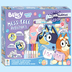 Bluey mess-free activity kit packaging with characters and stationery items on a blue background