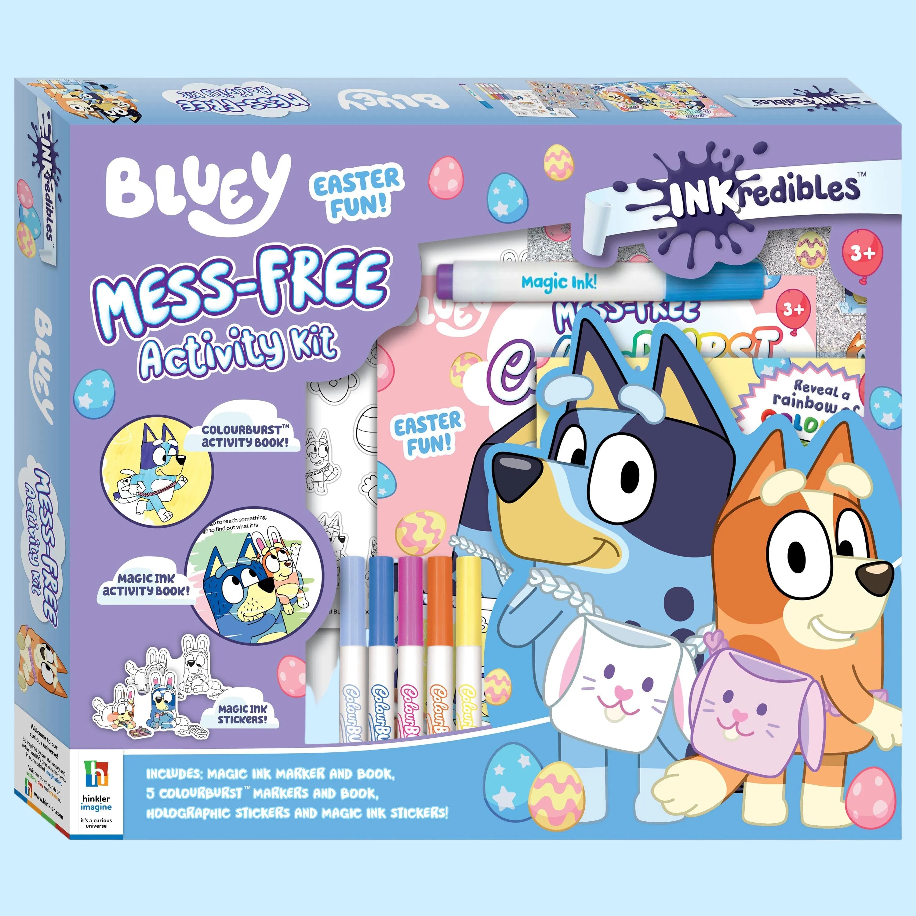 Bluey mess-free activity kit packaging with characters and stationery items on a blue background