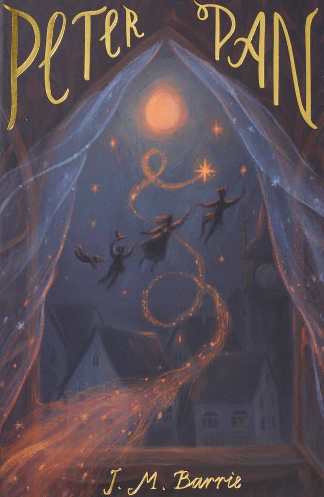 Peter Pan storybook cover whimsical flying children and sparkling fairy dust trail