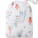 Snuggle Hunny Fairy Garden organic fitted cot sheet in matching drawstring bag featuring delicate fairy and floral garden print