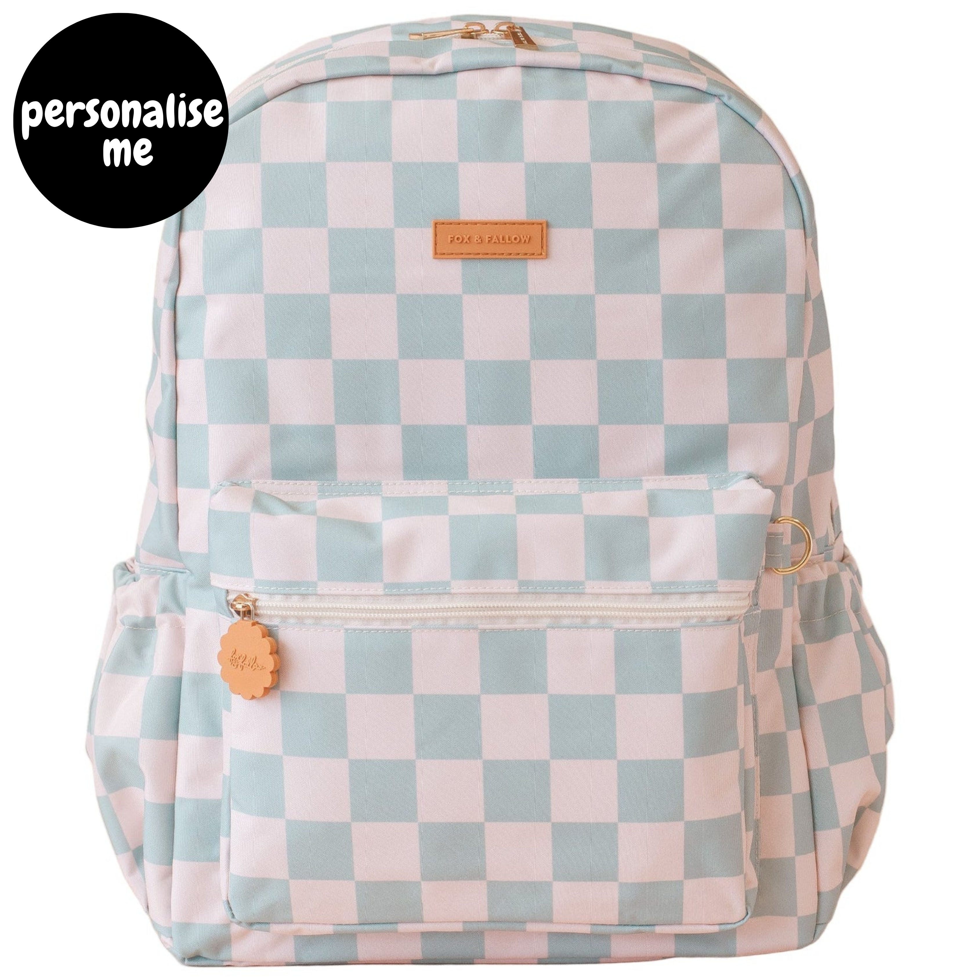 Fox & Fallow backpack for kids, perfect for school, daycare and everyday use. Spacious, practical and designed for little adventures. Personalisation of embroidery with name also available on bags in 2 placements. This print is sage check