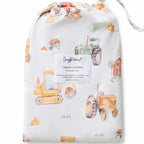 Snuggle Hunny Diggers & Tractors organic fitted cot sheet in matching drawstring bag featuring playful digger and tractor print