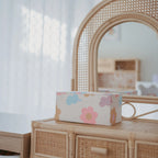 jewellery box styled in bedroom with soft pastel decor