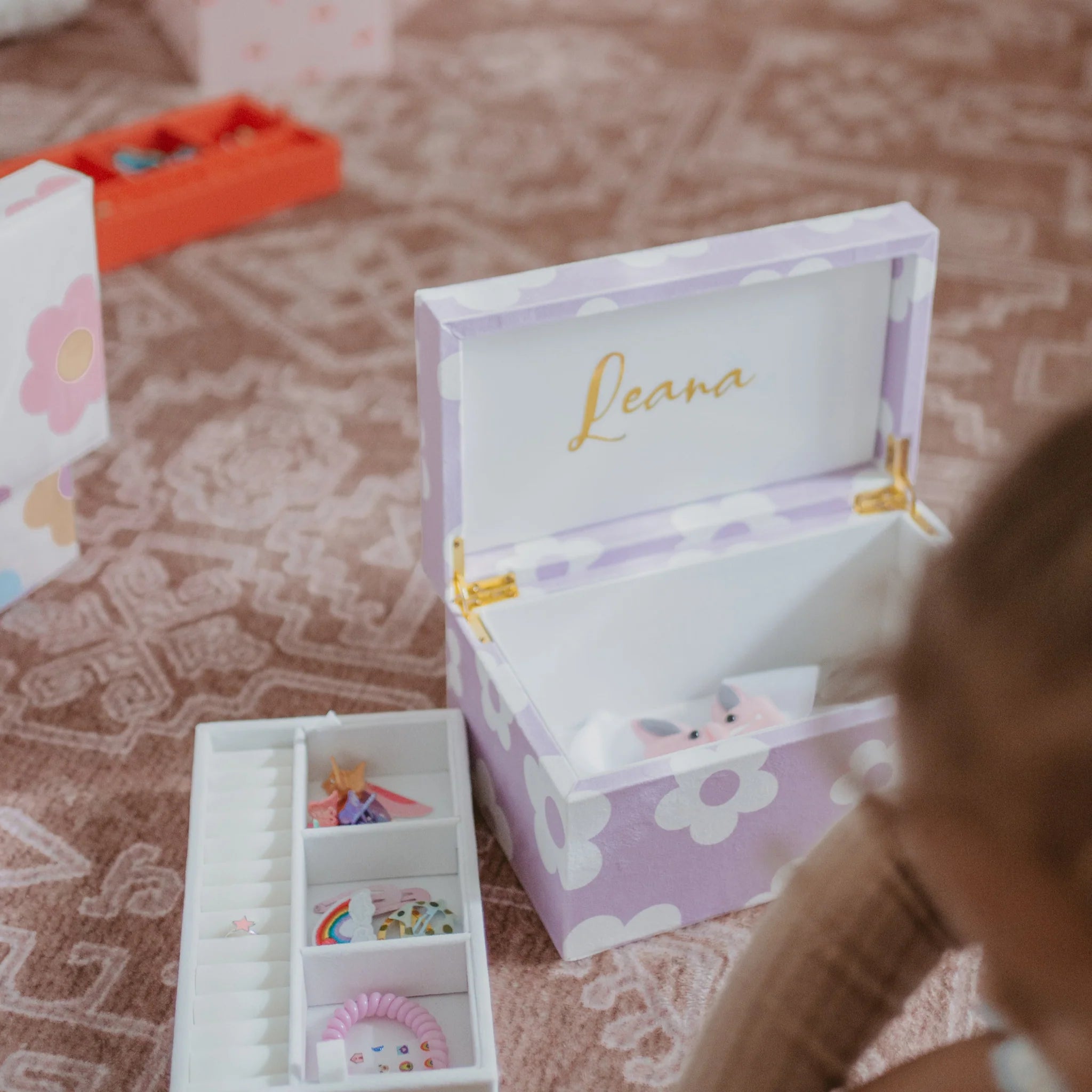 personalised keepsake jewellery box with gold vinyl name inside lid