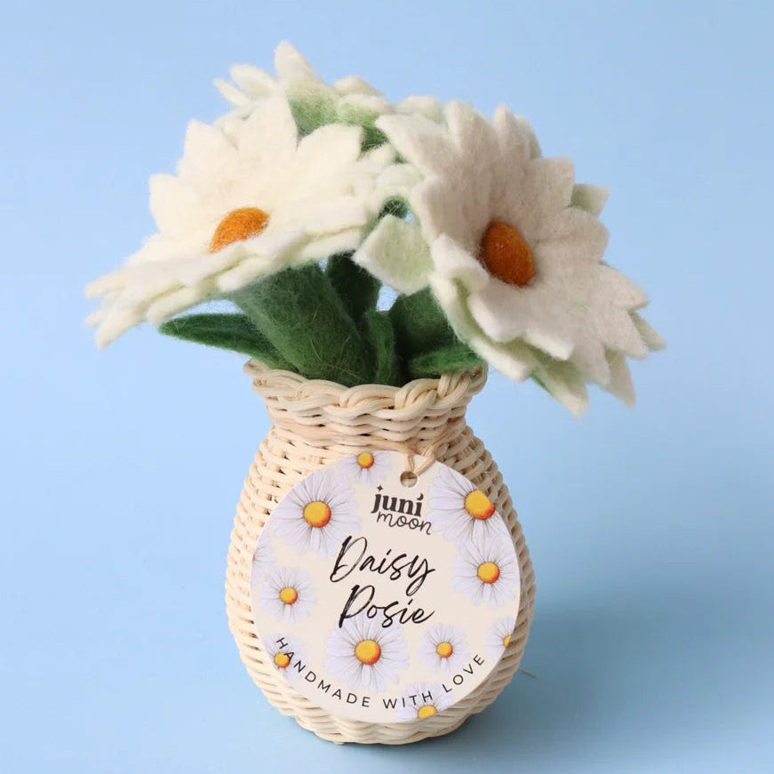 White Felt Daisies & Rattan Vase - Juni Moon