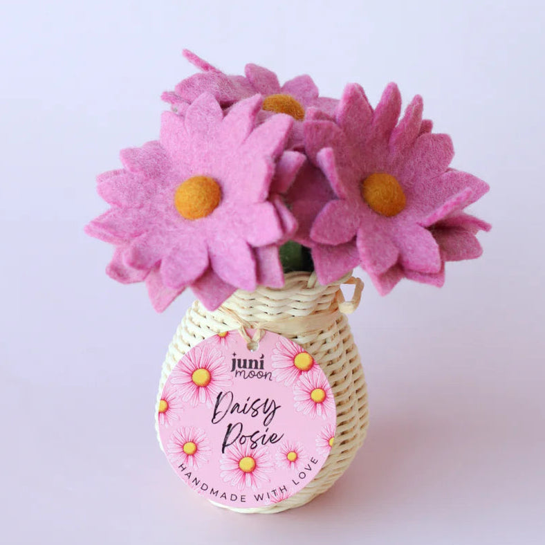 Pink Felt Daisies & Rattan Vase - Juni Moon