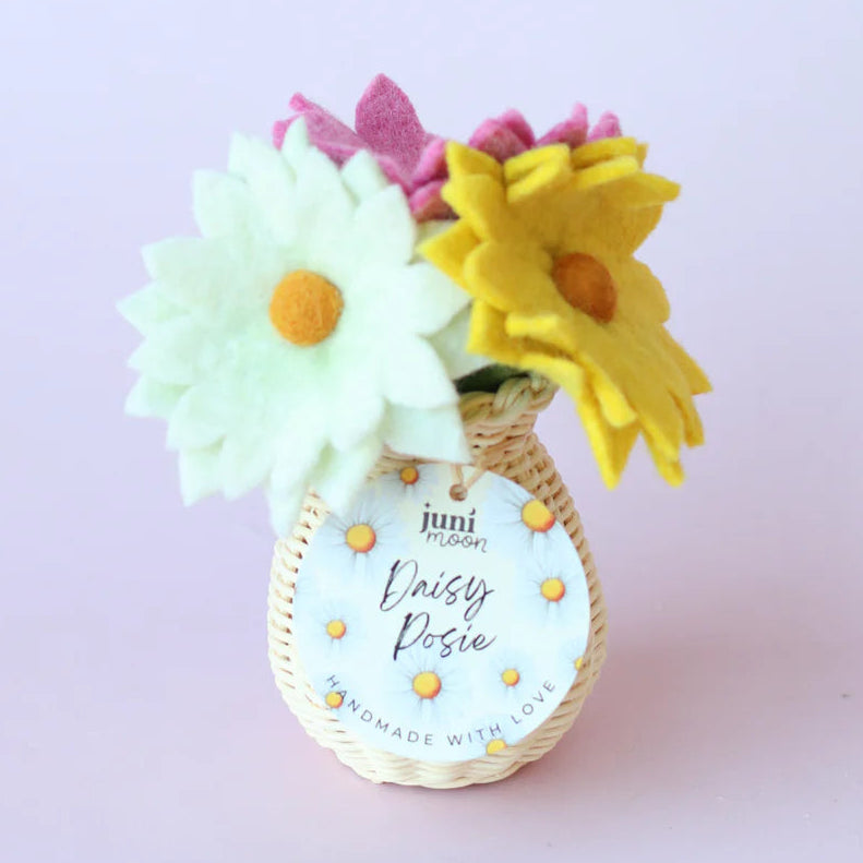 Mixed Felt Daisies & Rattan Vase - Juni Moon