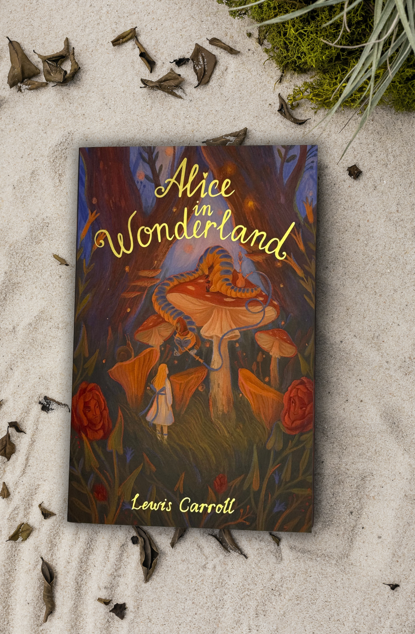 photoshoot Alice’s Adventures in Wonderland paperback book by Lewis Carroll with illustrated cover featuring Alice and whimsical forest scene