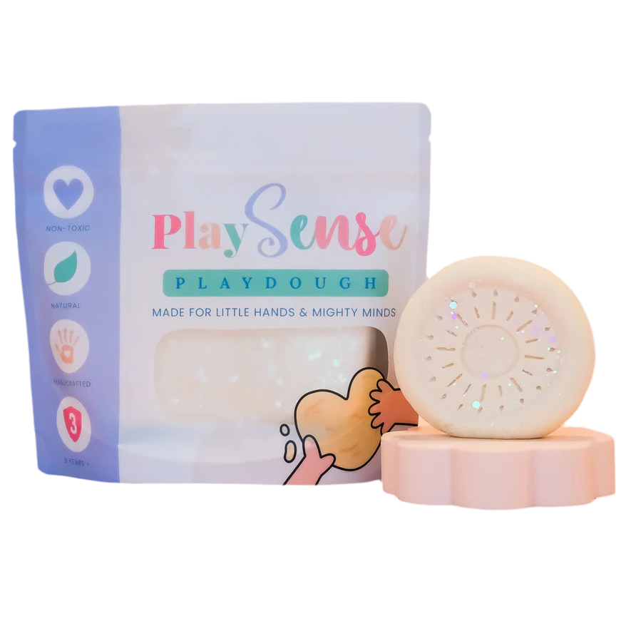 Image of dough by the brand playsense. Great for sensory play and being creative, also fine motor development. Dough is non toxic with all natural ingredients so safe for little hands. Colour and scent glitter white coconut