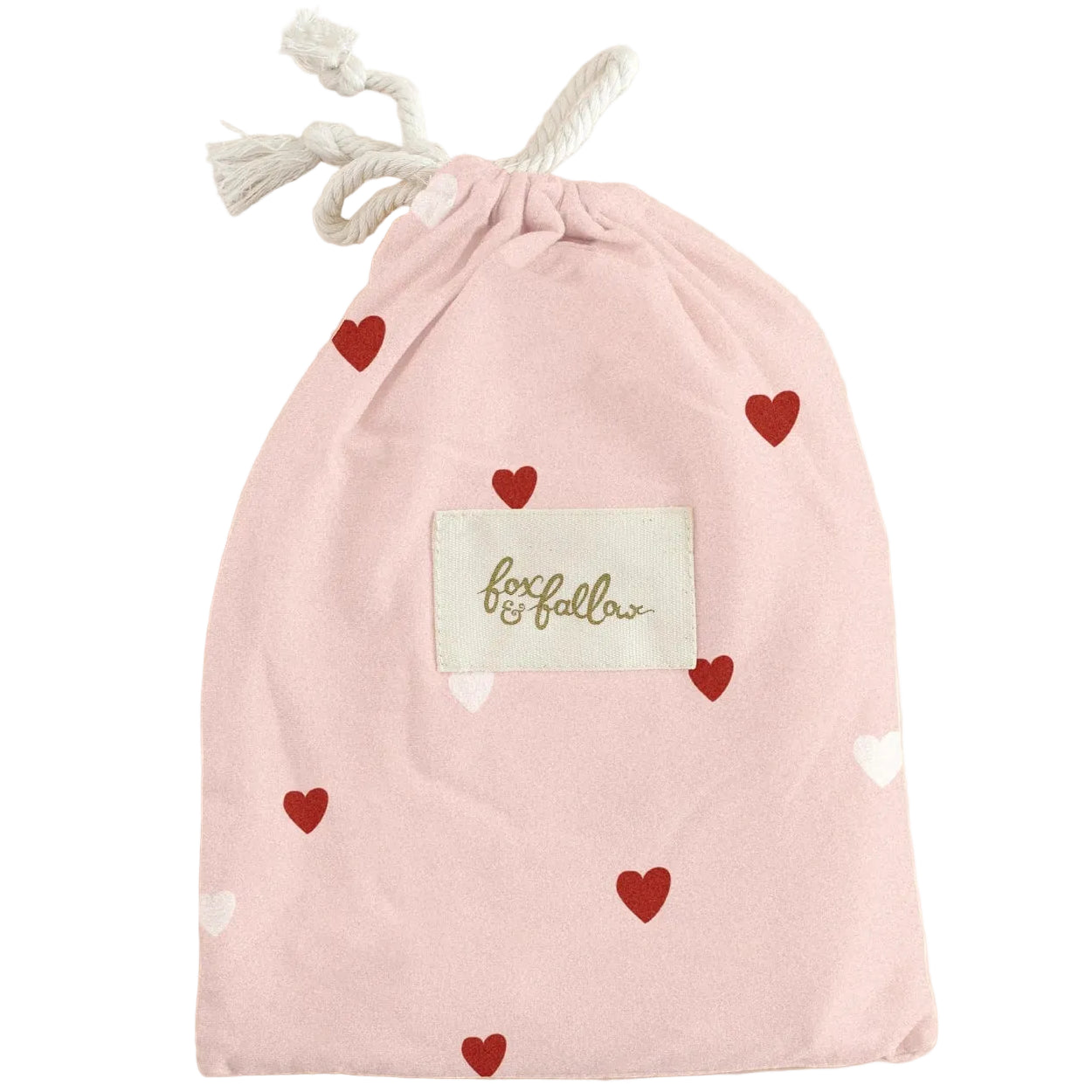 Fox & Fallow pink bassinet fitted sheet with red heart print in cotton bag
