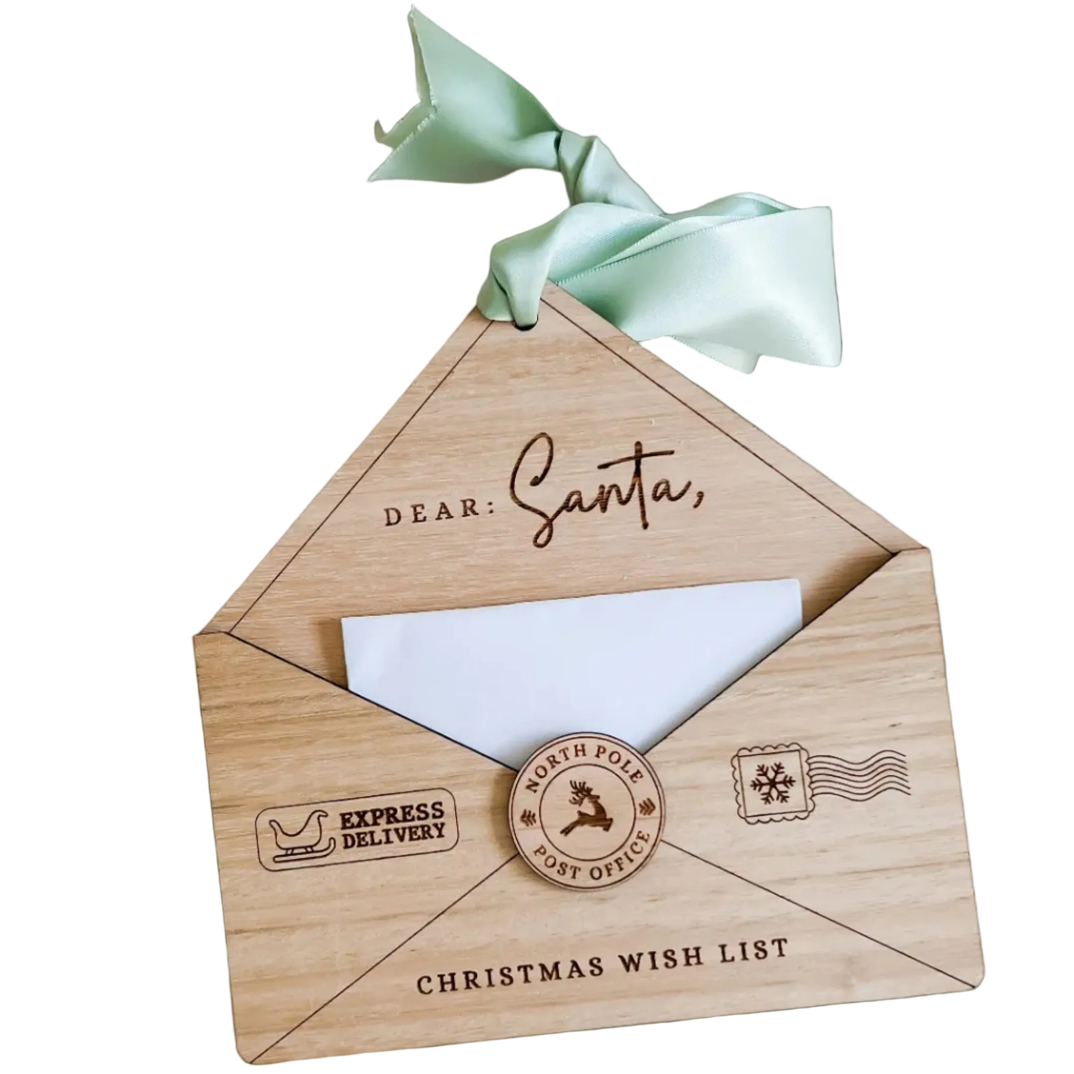Dear Santa wish list envelope ornament by Little Rabbit Lane wooden Christmas keepsake for letters to Santa