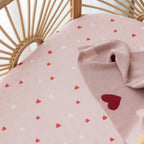 Baby cot fitted sheet pink heart print organic cotton Fox and Fallow