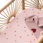 Baby bassinet fitted sheet pink heart print organic cotton jersey Fox and Fallow