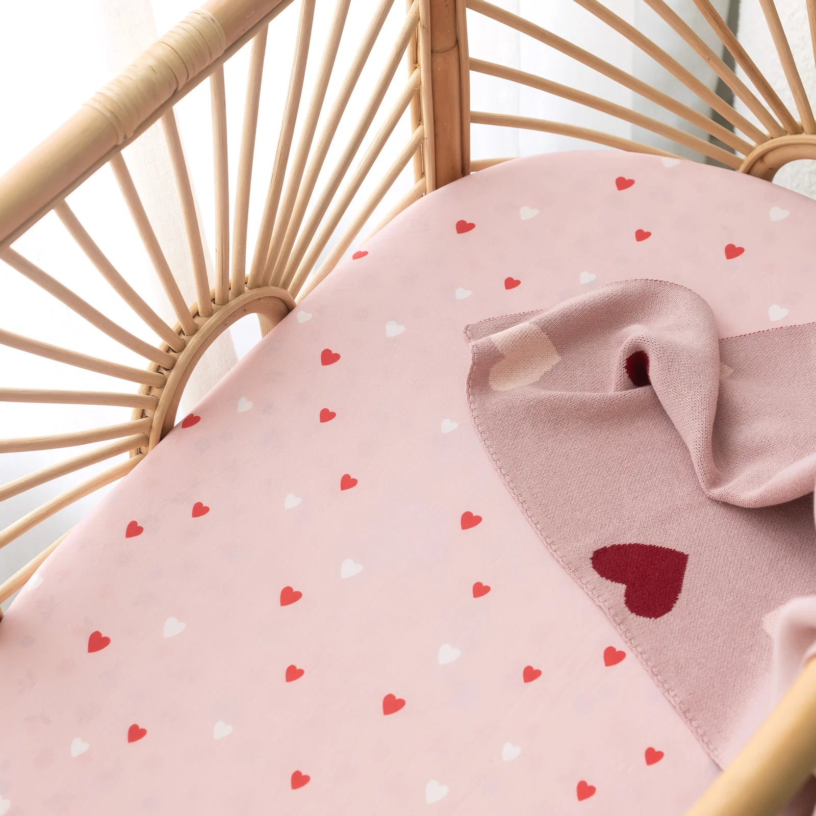 Baby bassinet fitted sheet pink heart print organic cotton jersey Fox and Fallow
