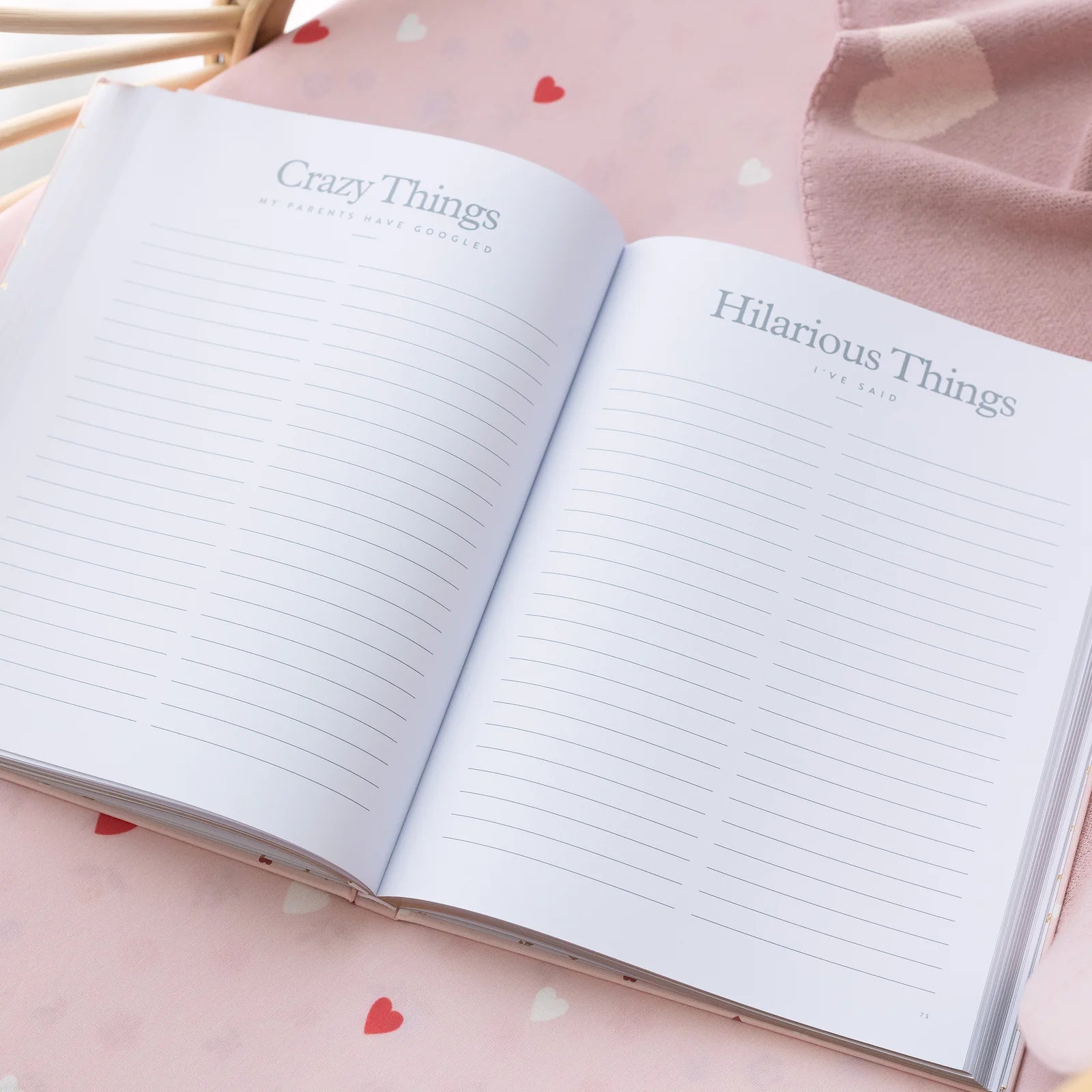 Open notebook with sections titled 'Crazy Things' and 'Hilarious Things' on a pink background.