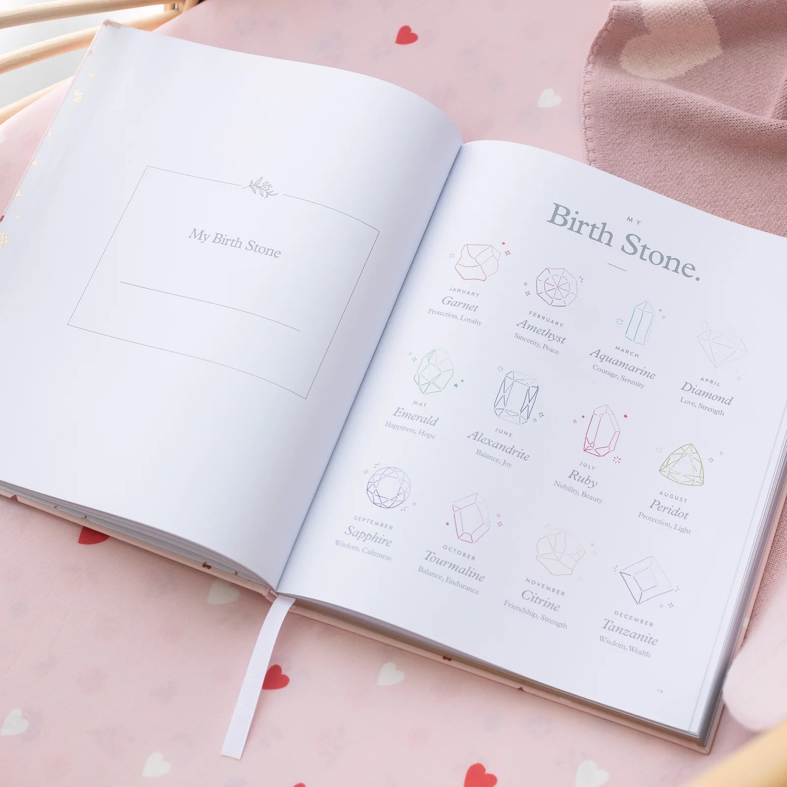 Open book with 'Birth Stone' page on a pink surface with heart patterns