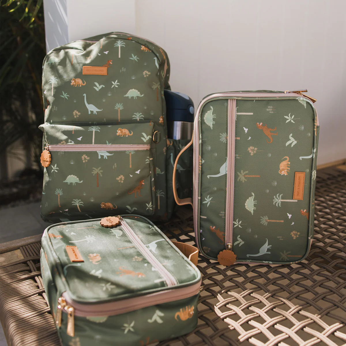 set of Fox & Fallow backpack for kids, perfect for school, daycare and everyday use. Spacious, practical and designed for little adventures. Personalisation of embroidery with name also available on bags in 2 placements. This print is dinos with matching lunch bags in 2 sizes
