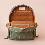 inside open view of Fox & Fallow backpack for kids, perfect for school, daycare and everyday use. Spacious, practical and designed for little adventures. Personalisation of embroidery with name also available on bags in 2 placements. This print is dinos