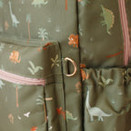 close up view of Fox & Fallow backpack for kids, perfect for school, daycare and everyday use. Spacious, practical and designed for little adventures. Personalisation of embroidery with name also available on bags in 2 placements. This print is dinos
