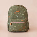 front view of Fox & Fallow backpack for kids, perfect for school, daycare and everyday use. Spacious, practical and designed for little adventures. Personalisation of embroidery with name also available on bags in 2 placements. This print is dinos