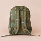 back view with straps on Fox & Fallow backpack for kids, perfect for school, daycare and everyday use. Spacious, practical and designed for little adventures. Personalisation of embroidery with name also available on bags in 2 placements. This print is dinos