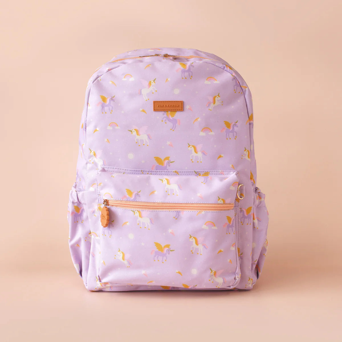 front view of Fox & Fallow backpack for kids, perfect for school, daycare and everyday use. Spacious, practical and designed for little adventures. Personalisation of embroidery with name also available on bags in 2 placements. This print is unicorns