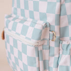 front pocket close up view Fox & Fallow sage check backpack kids school bag