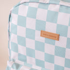 logo close up view Fox & Fallow sage check backpack kids school bag