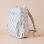 side view Fox & Fallow sage check backpack front view kids school bag