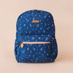 front view of Fox & Fallow backpack for kids, perfect for school, daycare and everyday use. Spacious, practical and designed for little adventures. Personalisation of embroidery with name also available on bags in 2 placements. This print is forget me not