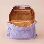 inside view of Fox & Fallow backpack for kids, perfect for school, daycare and everyday use. Spacious, practical and designed for little adventures. Personalisation of embroidery with name also available on bags in 2 placements. This print is juniper - lilac purple with leaves
