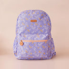 front view of Fox & Fallow backpack for kids, perfect for school, daycare and everyday use. Spacious, practical and designed for little adventures. Personalisation of embroidery with name also available on bags in 2 placements. This print is juniper - lilac purple with leaves