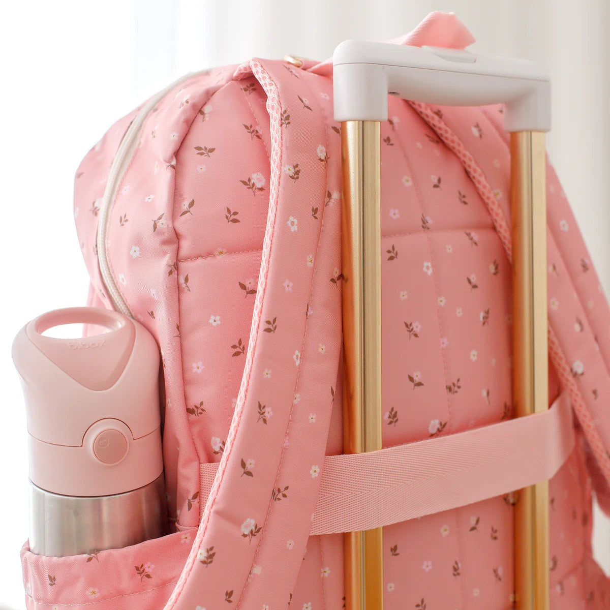 showing fitting b.box flamingo drink bottle in Fox & Fallow backpack for kids, perfect for school, daycare and everyday use. Spacious, practical and designed for little adventures. Personalisation of embroidery with name also available on bags in 2 placements. This print is dusty roses