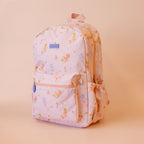 side view of Fox & Fallow backpack for kids, perfect for school, daycare and everyday use. Spacious, practical and designed for little adventures. Personalisation of embroidery with name also available on bags in 2 placements. This print is mermaids