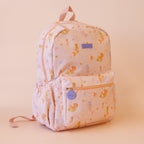 side view of Fox & Fallow backpack for kids, perfect for school, daycare and everyday use. Spacious, practical and designed for little adventures. Personalisation of embroidery with name also available on bags in 2 placements. This print is mermaids