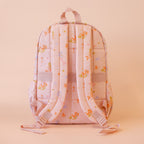 back view of straps on Fox & Fallow backpack for kids, perfect for school, daycare and everyday use. Spacious, practical and designed for little adventures. Personalisation of embroidery with name also available on bags in 2 placements. This print is mermaids