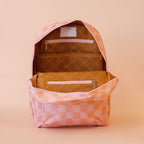opened ipFox & Fallow backpack for kids, perfect for school, daycare and everyday use. Spacious, practical and designed for little adventures. Personalisation of embroidery with name also available on bags in 2 placements. This print is peach check