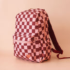 side view of Fox & Fallow backpack for kids, perfect for school, daycare and everyday use. Spacious, practical and designed for little adventures. Personalisation of embroidery with name also available on bags in 2 placements. This print is cherry check