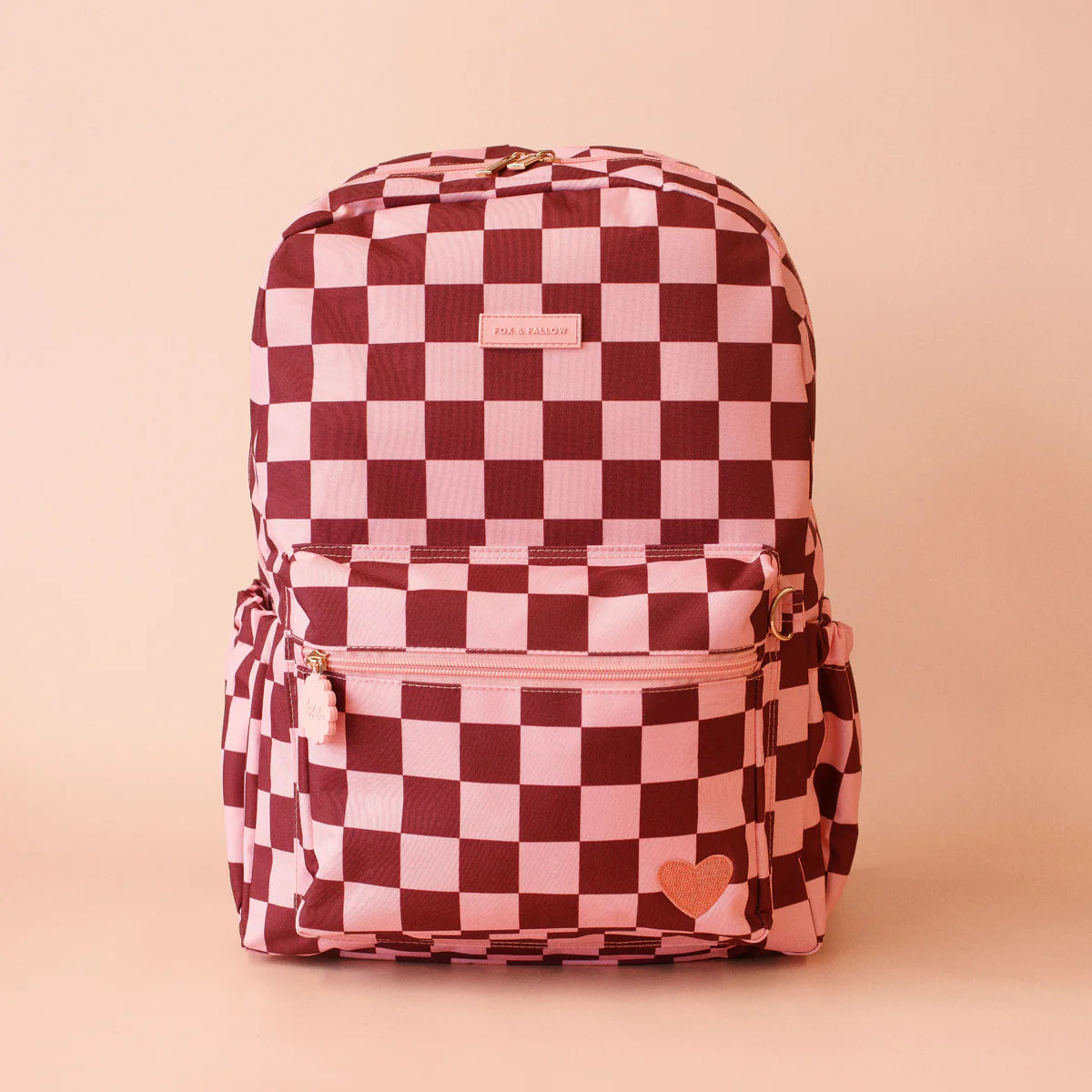 front on view of Fox & Fallow backpack for kids, perfect for school, daycare and everyday use. Spacious, practical and designed for little adventures. Personalisation of embroidery with name also available on bags in 2 placements. This print is cherry check