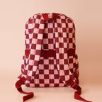 back view of straps on Fox & Fallow backpack for kids, perfect for school, daycare and everyday use. Spacious, practical and designed for little adventures. Personalisation of embroidery with name also available on bags in 2 placements. This print is cherry check