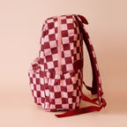 side view of pockets on Fox & Fallow backpack for kids, perfect for school, daycare and everyday use. Spacious, practical and designed for little adventures. Personalisation of embroidery with name also available on bags in 2 placements. This print is cherry check