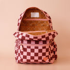 open inside view of Fox & Fallow backpack for kids, perfect for school, daycare and everyday use. Spacious, practical and designed for little adventures. Personalisation of embroidery with name also available on bags in 2 placements. This print is cherry check
