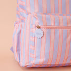 close up view of Fox & Fallow backpack for kids, perfect for school, daycare and everyday use. Spacious, practical and designed for little adventures. Personalisation of embroidery with name also available on bags in 2 placements. This print is powder stripe