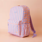 front and side view of Fox & Fallow backpack for kids, perfect for school, daycare and everyday use. Spacious, practical and designed for little adventures. Personalisation of embroidery with name also available on bags in 2 placements. This print is powder stripe