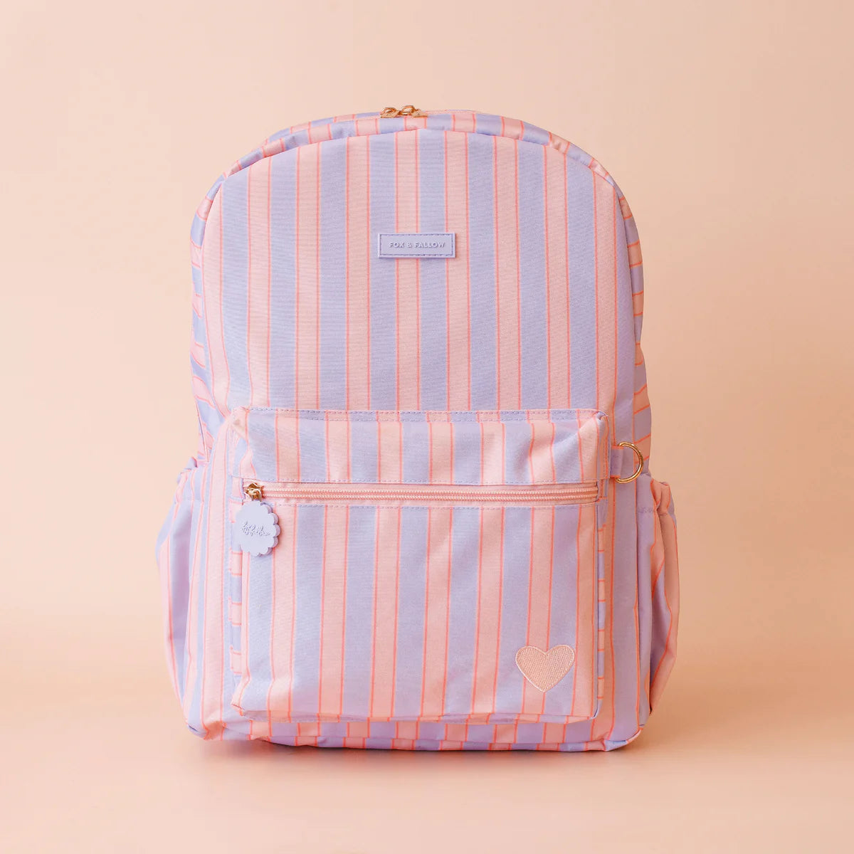 front on view of Fox & Fallow backpack for kids, perfect for school, daycare and everyday use. Spacious, practical and designed for little adventures. Personalisation of embroidery with name also available on bags in 2 placements. This print is powder stripe