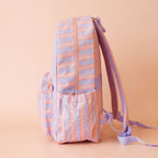 side view of pockets Fox & Fallow backpack for kids, perfect for school, daycare and everyday use. Spacious, practical and designed for little adventures. Personalisation of embroidery with name also available on bags in 2 placements. This print is powder stripe