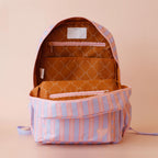 inside view of Fox & Fallow backpack for kids, perfect for school, daycare and everyday use. Spacious, practical and designed for little adventures. Personalisation of embroidery with name also available on bags in 2 placements. This print is powder stripe